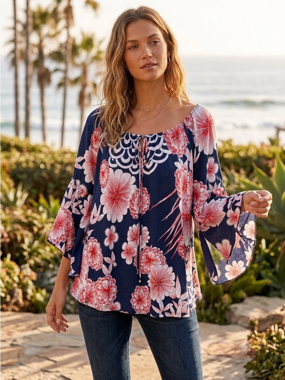 NAIF Navy Floral Peasant Tunic with Red and White Blooms